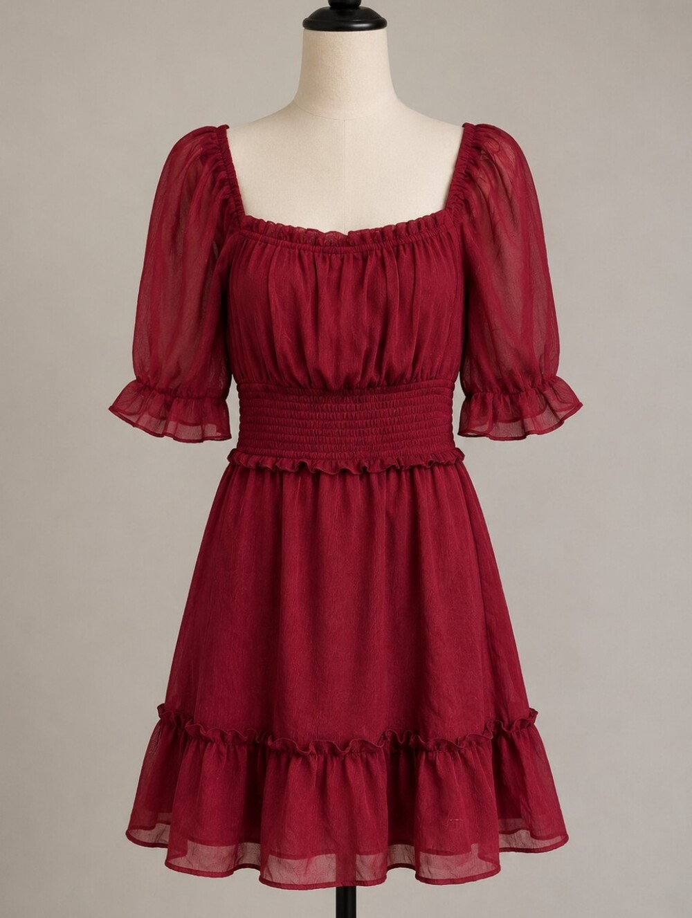 Wine-Red Puff Sleeve Mini Dress